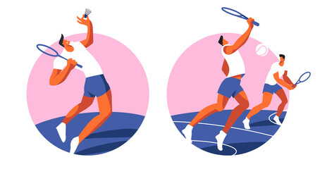 Playing tennis, badminton. Silhouettes of athletes with rackets. The figures of the players in the jump.
