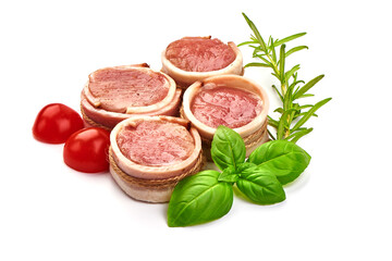 Raw pork tenderloin medallions wrapped in bacon, isolated on white background.