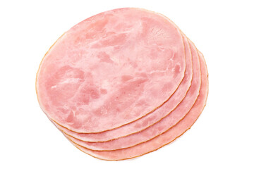 Thinly Sliced Ham, boiled sausage, close-up, isolated on white background.