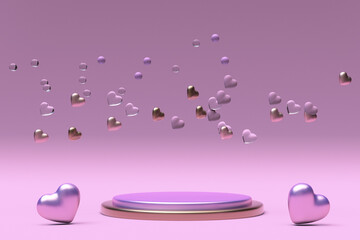 Happy St Valentines day pink podium display with flying heart shape, confetti, 3D rendering illustration. Romantic love design template