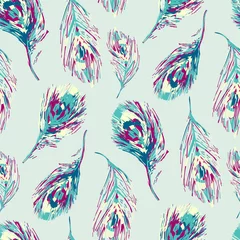 Wallpaper murals Turquoise Feathers Seamless Pattern.