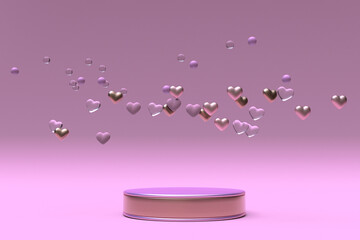 3D St Valentines Day round pink pedestal podium display with flying hearts. Love romantic minimal background. Blank stand for showing product.