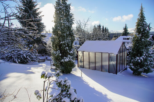 Ein Gewächshaus im Winter mit viel Schnee im Garte Eigenheim