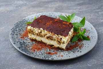 Modern Style traditionelles italienisches Tiramisu serviert als close-up auf einem Nordic Design Teller 