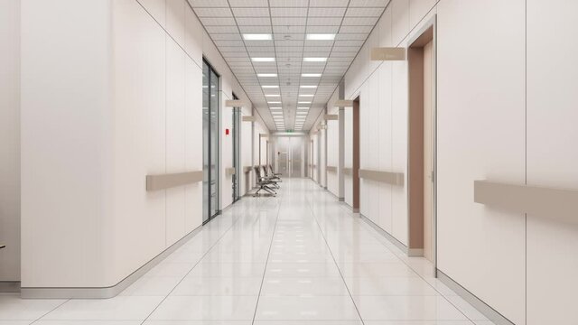 Empty Hospital Corridor With Seats, Doctor Offices, And Emergency Service