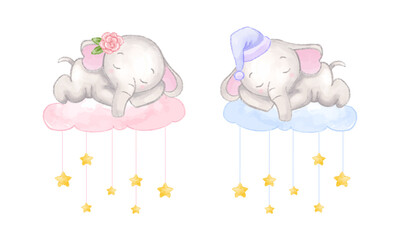 Cute baby elephant sleeping in the cloud. Watercolor style vector