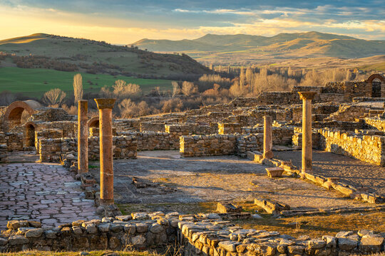 Archaeological site from byzantine period. Byzantine fortified town Bargala on sunset.