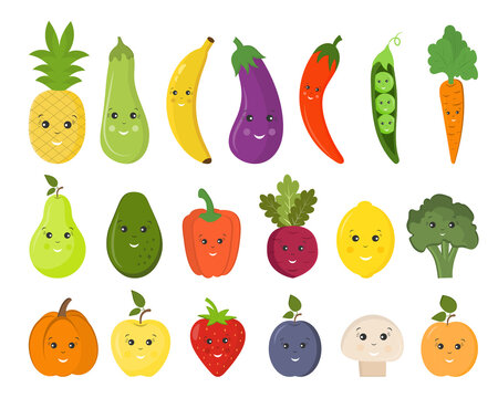 Collection of cute smiling funny childish fruits and vegetables. Banana, cherry, strawberry, lemon, orange. A couple of fruits. Design for the decoration of children's stationery, textiles