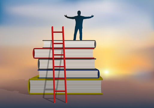 Concept de la culture et de la connaissance, avec un homme qui grimpe symboliquement l’échelle sociale en escaladant des livres.