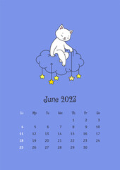 June 2023 calendar. Calendar template decorated with a cute white cat sitting on the cloud and putting the stars in the sky. Vector illustration 10 EPS.
