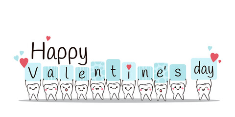 Teeth. Happy Valentine's Day. Poster with cute smiling cartoon teeth with hearts on a white background. Dental kids care banner.