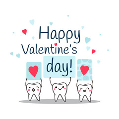 Teeth. Happy Valentine's Day. Poster with cute smiling cartoon teeth with hearts on a white background. Dental kids care banner.