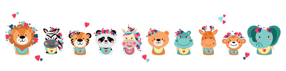 Cute animals with hearts. Happy Valentine's Day. Illustrations for poster, postcards isolated on white background. Lion, zebra, tiger, panda, elephant, bear, unicorn, monkey, giraffe.