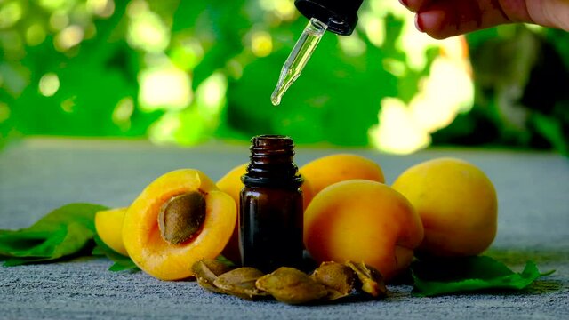 Apricot kernel essential oil in a bottle. Selective focus.