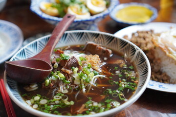 Thai food rice noodles soup with beef. A traditional Thailand food healthy.