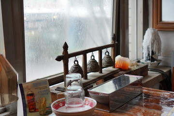 interior of a Thai restaurant. Traditional Thailand decorations.
