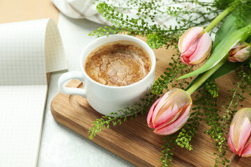 Hello spring concept on white textured background, close up