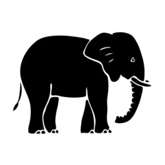 Black silhouette of a baby elephant on a white background. Drawn doodle sketch in ink. Wild mammal animal. Vector isolated illustration