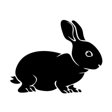 Black silhouette of a rabbit on a white background. Farm pet mammal. Decorative template for design. Vector isolated illustration