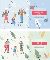 Obraz na płótnie Canvas Winter and summer, spring seasonal sale website or landing page interface layout with family makes shopping. Webpage with family and child going shopping on season sale, flat vector illustration.