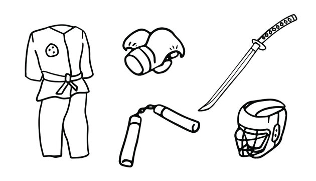 Karate set in doodle style. Isolated vector. 