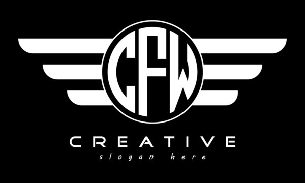 CFW three letter monogram type circle letter logo with wings vector template.