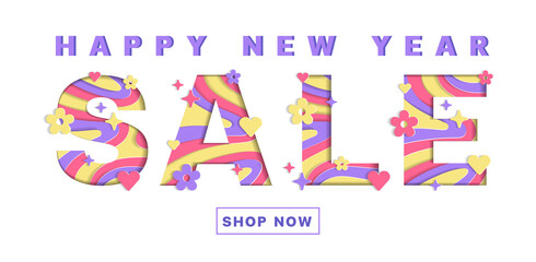 Happy New Year Sale Word Abstract White Paper Blissful Joyful Flower Heart Festival Sparkle Shine Pink Yellow Purple Lilac Violet Mountain Geography Contour Map 3D Layer Line Cutout Card Web Banner