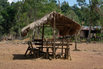 Simple hut with benches used for relaxing. Selective focus points