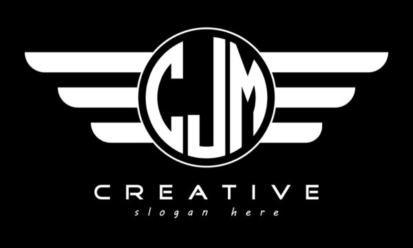 CJM three letter monogram type circle letter logo with wings vector template.