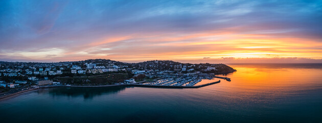 Panorama Torquay Marina from a drone in sunrise time, Torbay, Devon, England, Europe