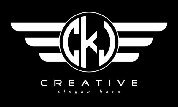 CKJ three letter monogram type circle letter logo with wings vector template.