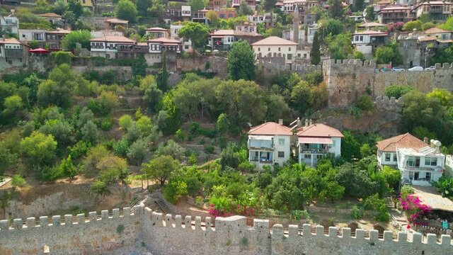 Residential buildings in the historical part in the highlands in Turkey. View from the drone. Alanian fortress. The Great Turkish Wall.