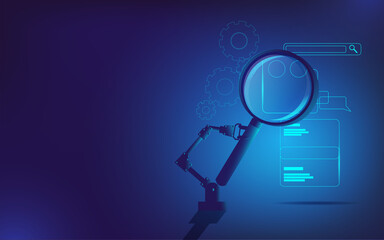 A robotic arm with a magnifying glass looks for errors in a mobile application. Vector illustration on the topic of mobile development and testing. Template for a horizontal banner.