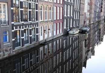 Traditional Amsterdam Canal Houses and Boats Reflected in the Water, Netherlands