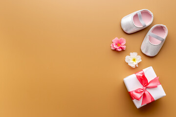 Baby girl pink shoes with gift box. Baby shower party set