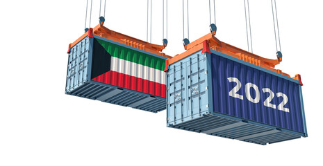 Trading 2022. Freight container with Kuwait national flag. 3D Rendering 