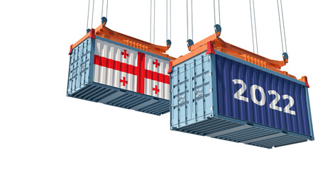 Trading 2022. Freight container with Georgia national flag. 3D Rendering 