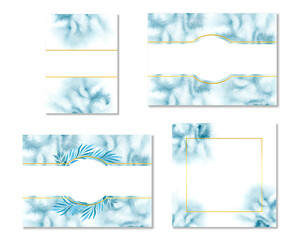 Watercolor set postcard. Banner with blue watercolor stains and gold frame. Blank invitation card template with watercolor stains, splashes, leaves.