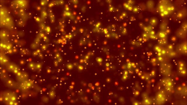 Abstract motion red background shining gold particles and stars. Shimmering glittering particles with Bokeh. Popular, modern, christmas, new year, holliday, wedding background