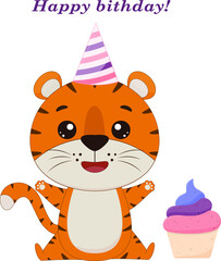 Cute cartoon tiger cub with cupcake. Tiger on white background. Vector illustration