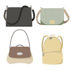 Set of women's bags isolated on white background. Stylish, fashionable, colorful women's bags of various shapes. Cartoon style. Vector illustration in flat style.