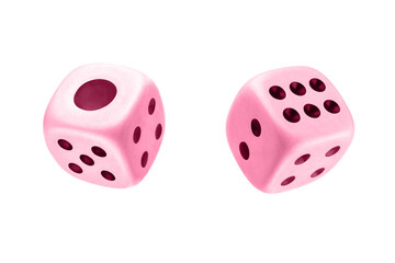 Two dice in the air without a shadow, isolated on a white background. Blank for the designer. The color is Pacific Pink.