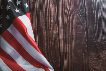 United States National Holidays. American or USA Flag with text on wooden background, President Day concept