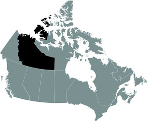 Black flat blank highlighted locator administrative map of the Canadian territory of NORTHWEST TERRITORIES inside gray flat map of CANADA