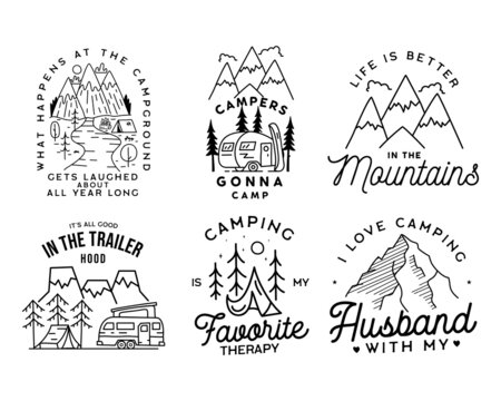 Vintage line art logo designs set. Camping adventure badges emblems. Camp label, hiking insignias bundle. Silhouette linear concept. Stock collection