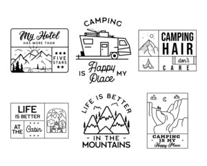 Vintage line art logo designs set. Camping adventure badges. Camp label, hiking insignias bundle. Silhouette linear concept. Stock collection
