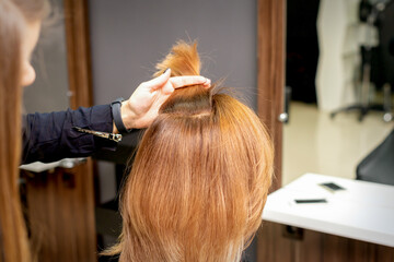 The hairdresser holds a strand in hand between fingers of the female hair. Examination of the hair of the young woman in a hairdressing salon