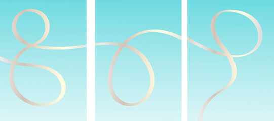 Collection of modern minimalistic simple abstractions with silver line on blue background