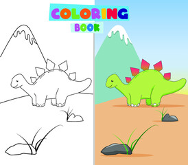 Dinosaur stegosaurus for kids coloring with lines and colors blue sky gradient and volcano © MIZ' ART STUDIO