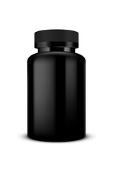 Vector illustration of a black plastic bottle of a pills, package template on a plain background